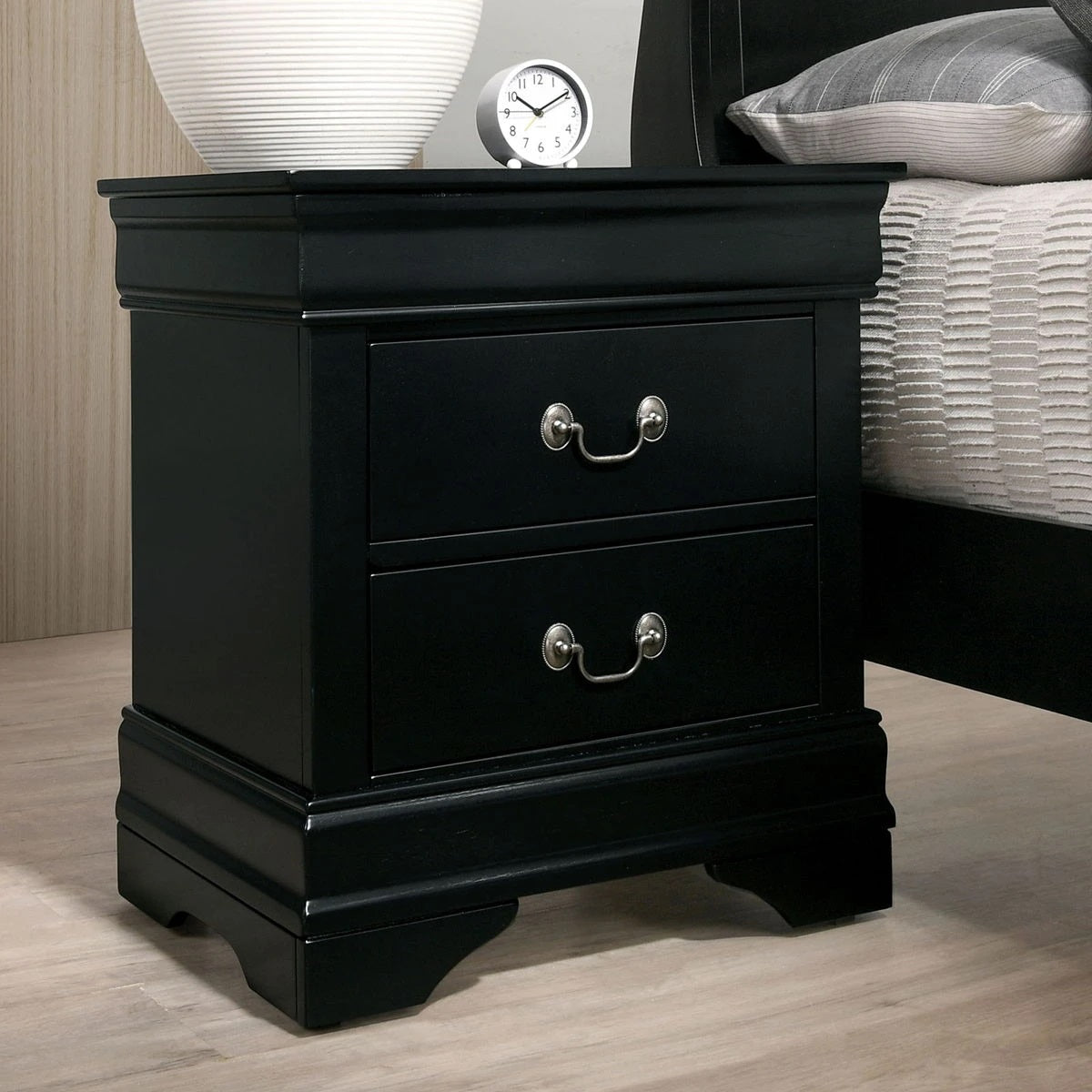 Black twodrawer nightstand with antique silver pull handles