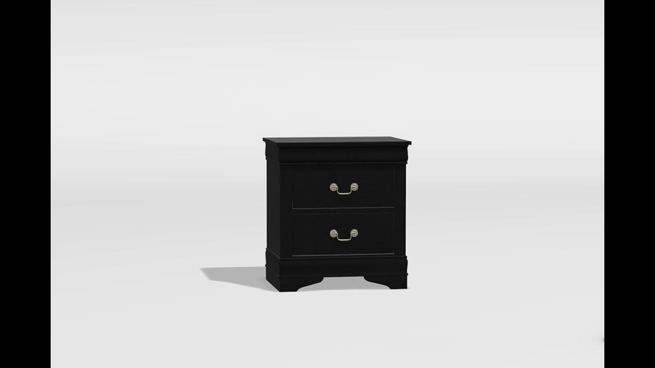 Classic black twodrawer nightstand with ornate silver handles