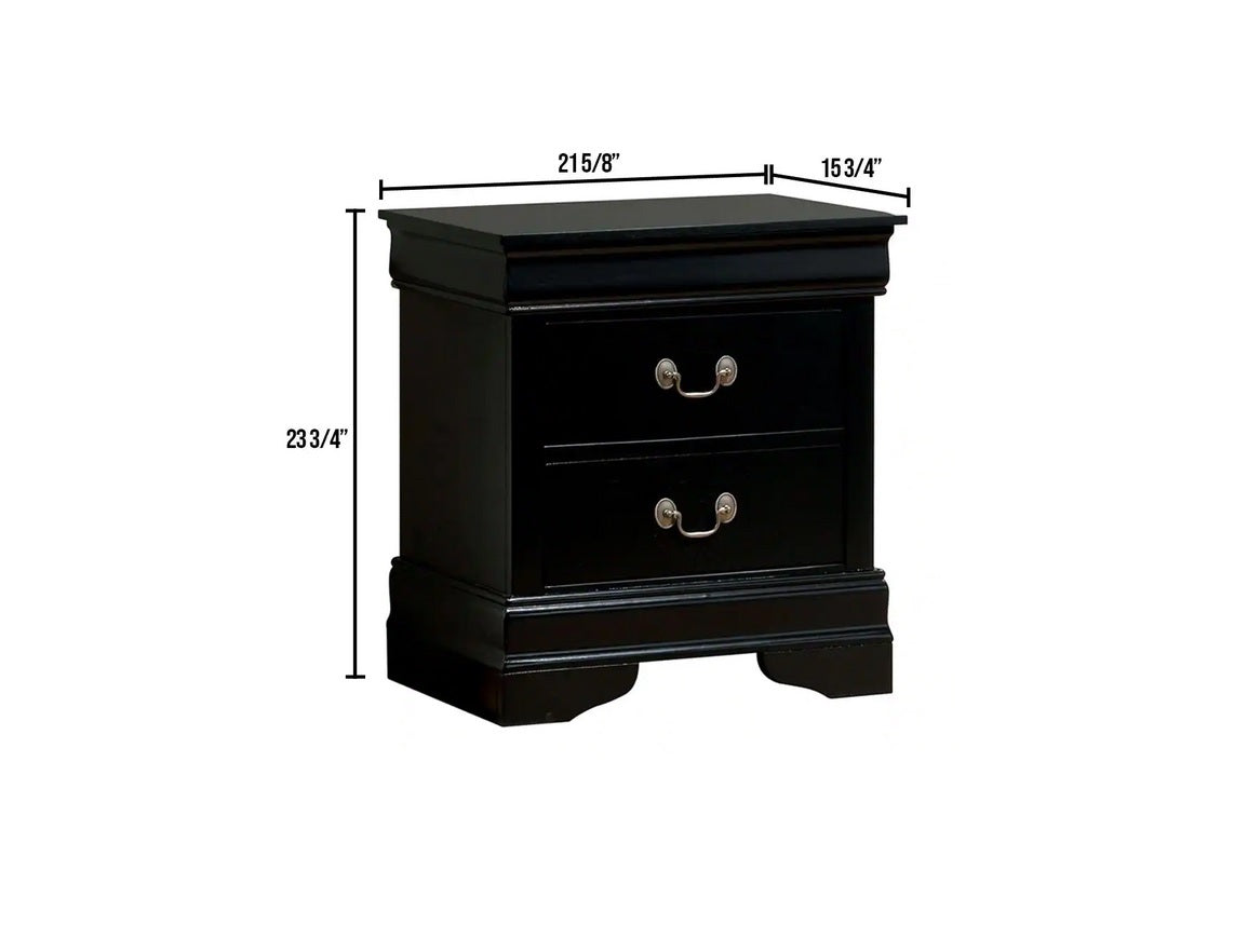 Black twodrawer nightstand with silver pull handles and classic molding