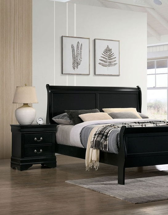 Black wooden sleigh bed with upholstered headboard and matching nightstand