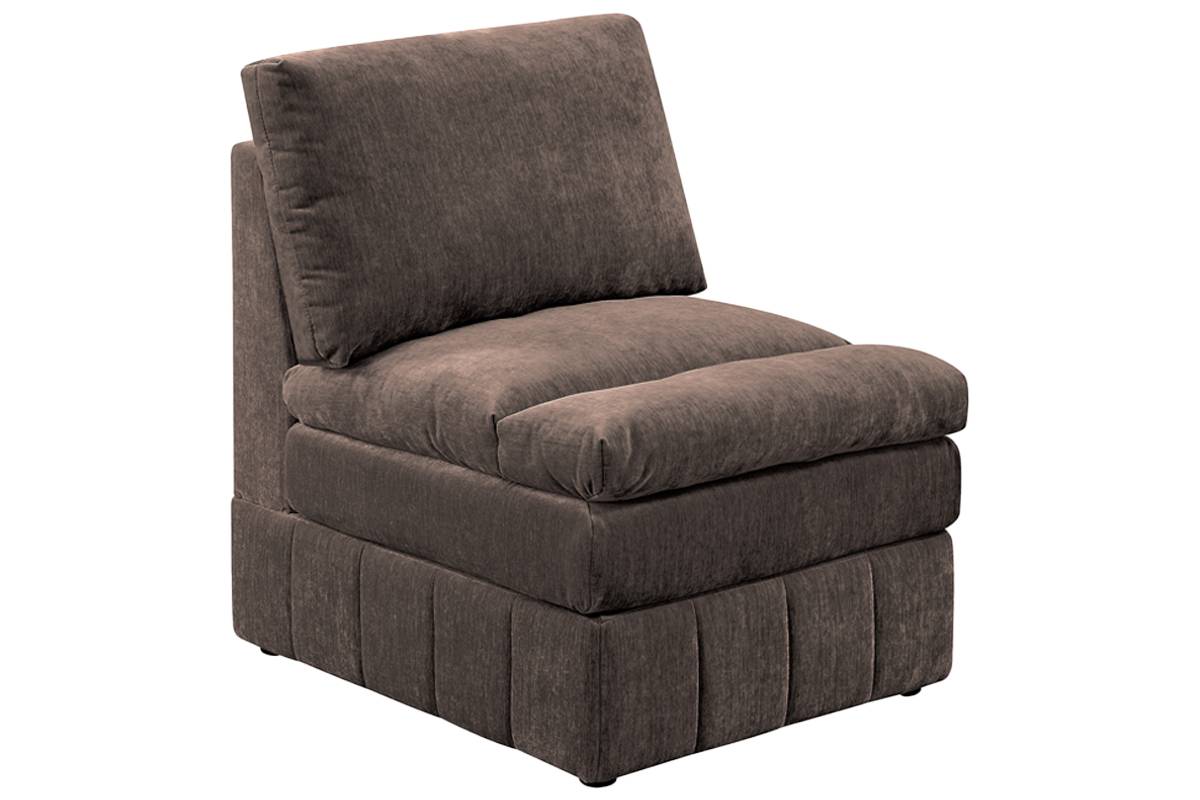 Plush brown fabric armchair with supportive back and deep seat cushions