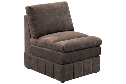 Plush brown fabric armchair with supportive back and deep seat cushions