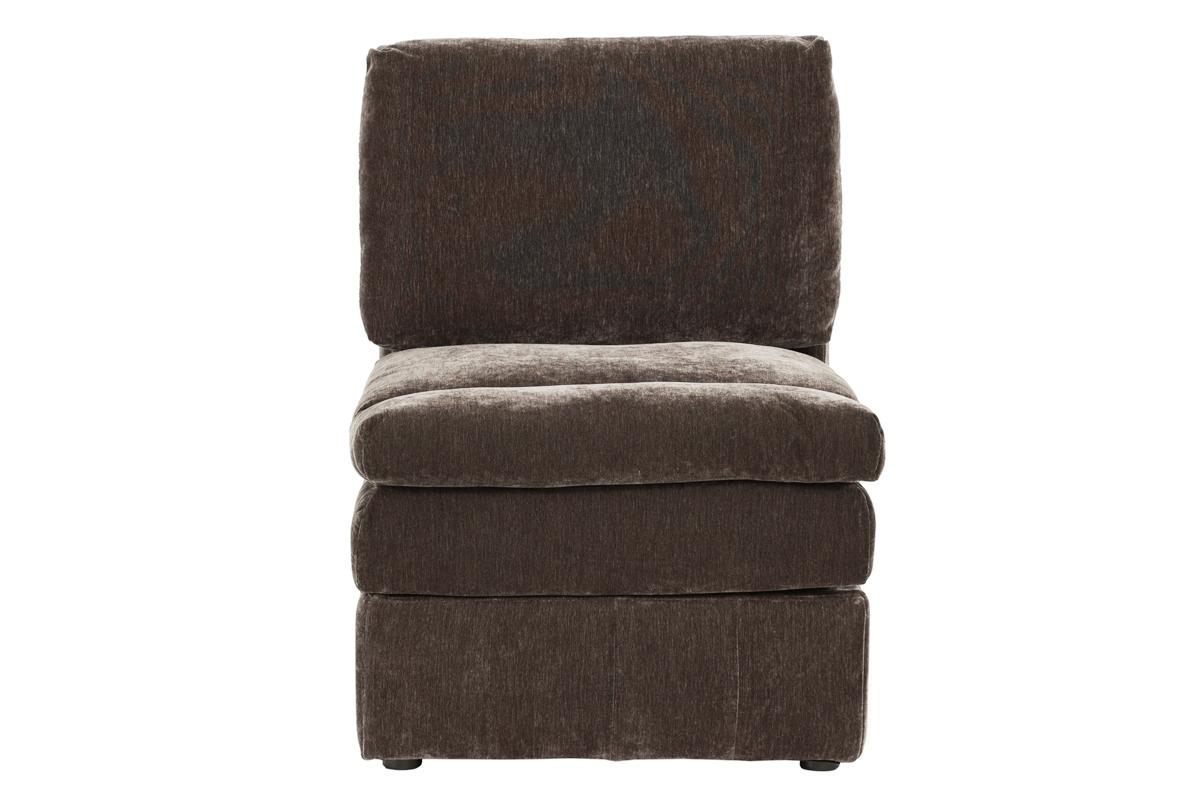 Plush brown velvet armless accent chair with stacked seat cushions