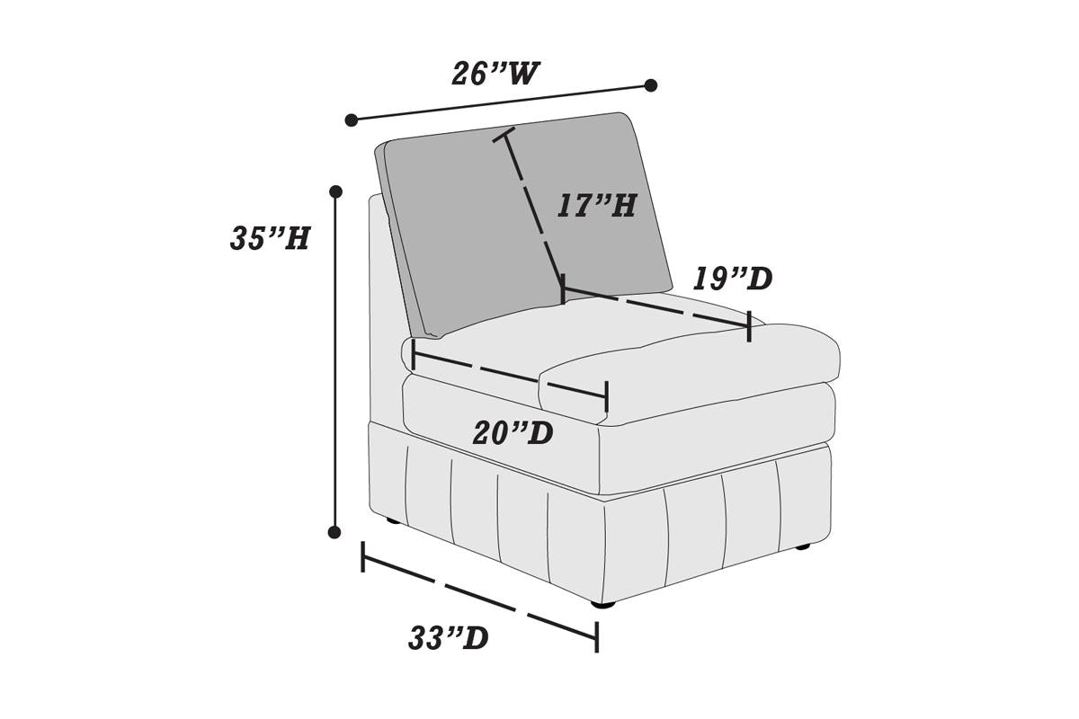 Diagram of armless chair with dimensions W x H overall seat D back H