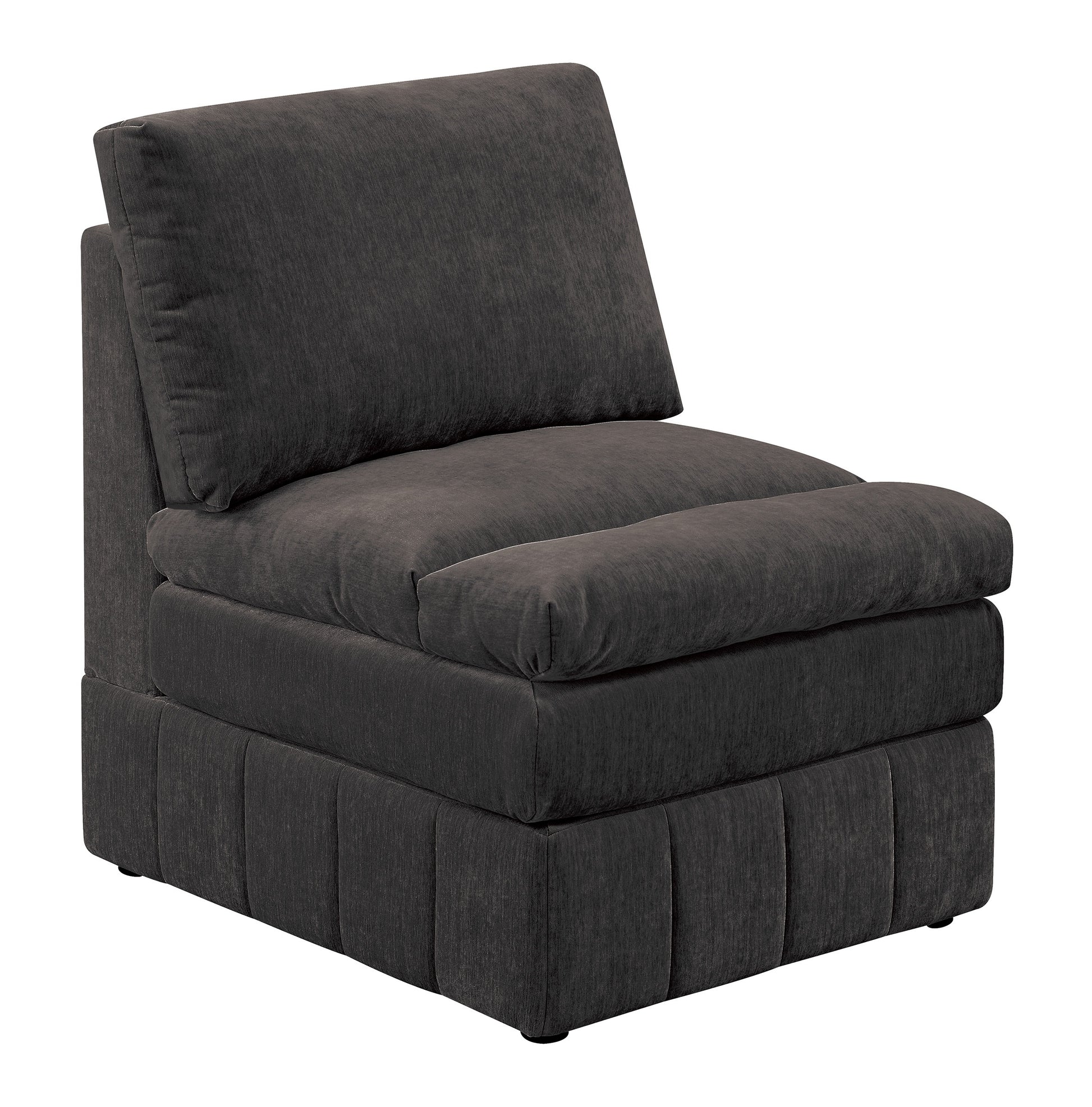 Plush dark grey fabric modular armchair with deep seat cushions and tufted base