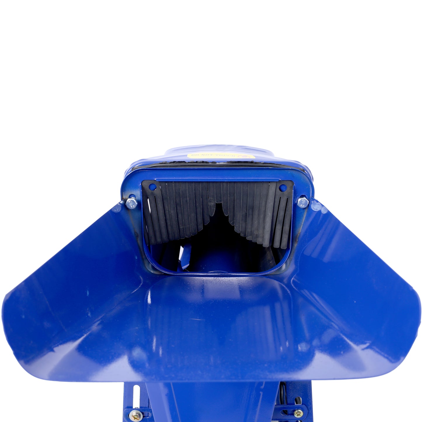Blue metal chipper shredder with hinged hopper and protective flaps