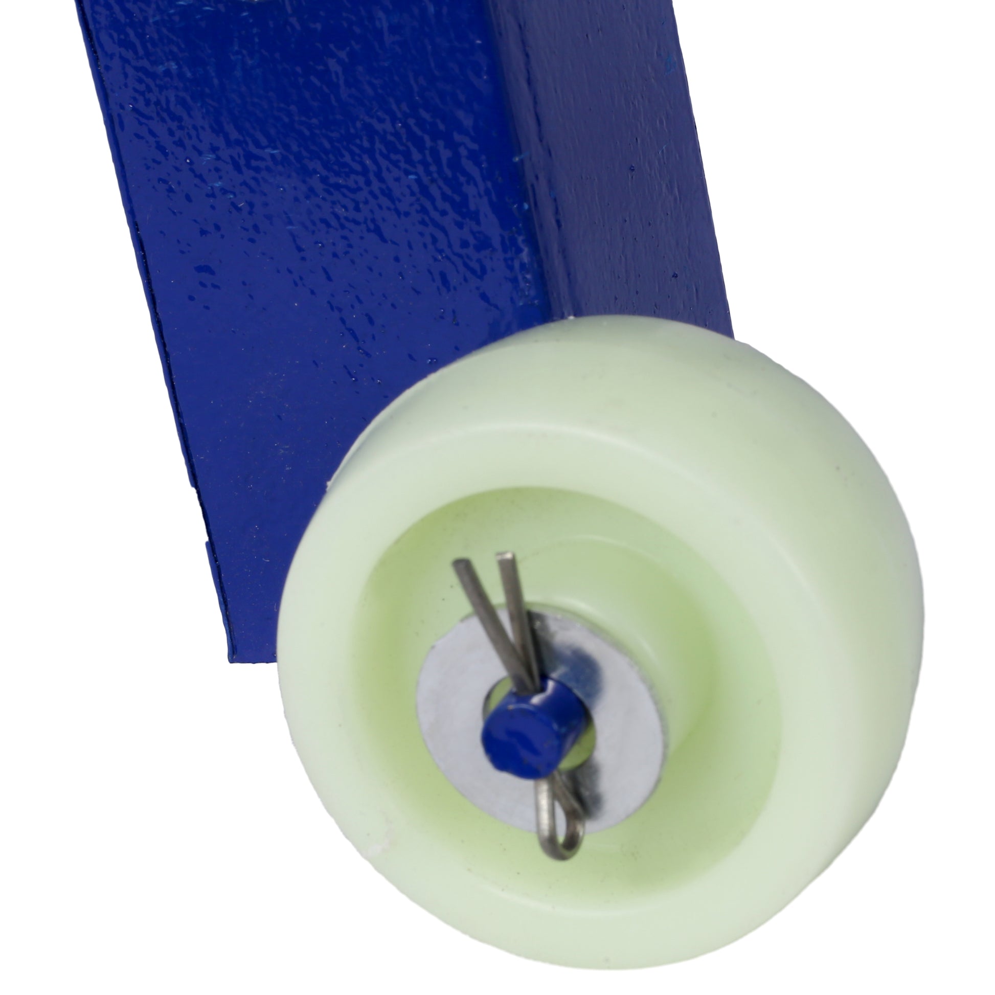 Blue metal frame with a light green roller wheel and securing pins
