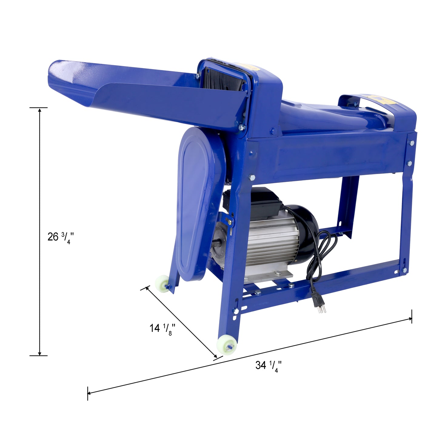 Bright blue electric threshing machine with metal motor housing and feeding chute