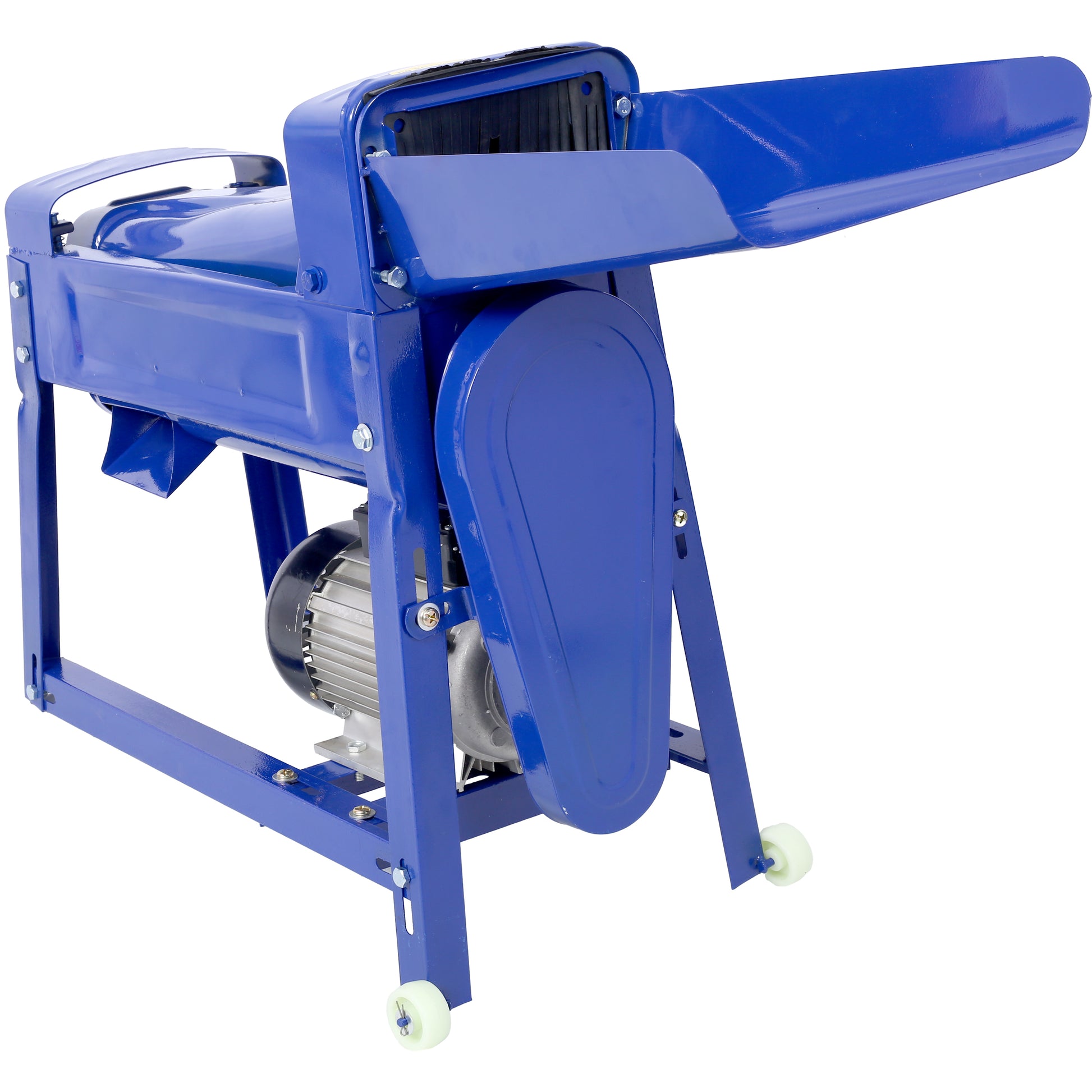 Blue electric chaff cutter with metal frame and feeding chute on wheels