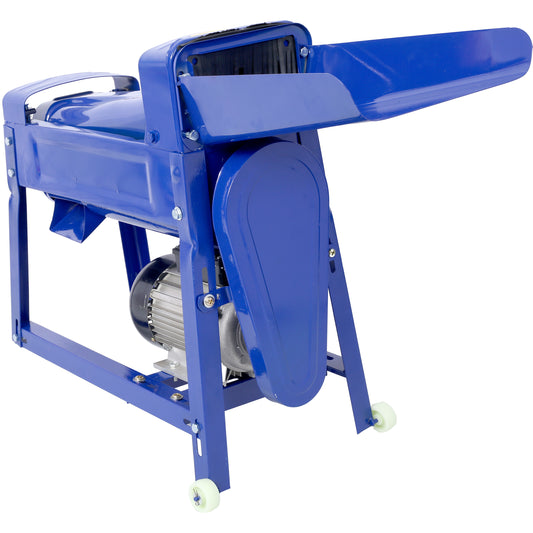 Blue electric chaff cutter with metal frame and feeding chute on wheels