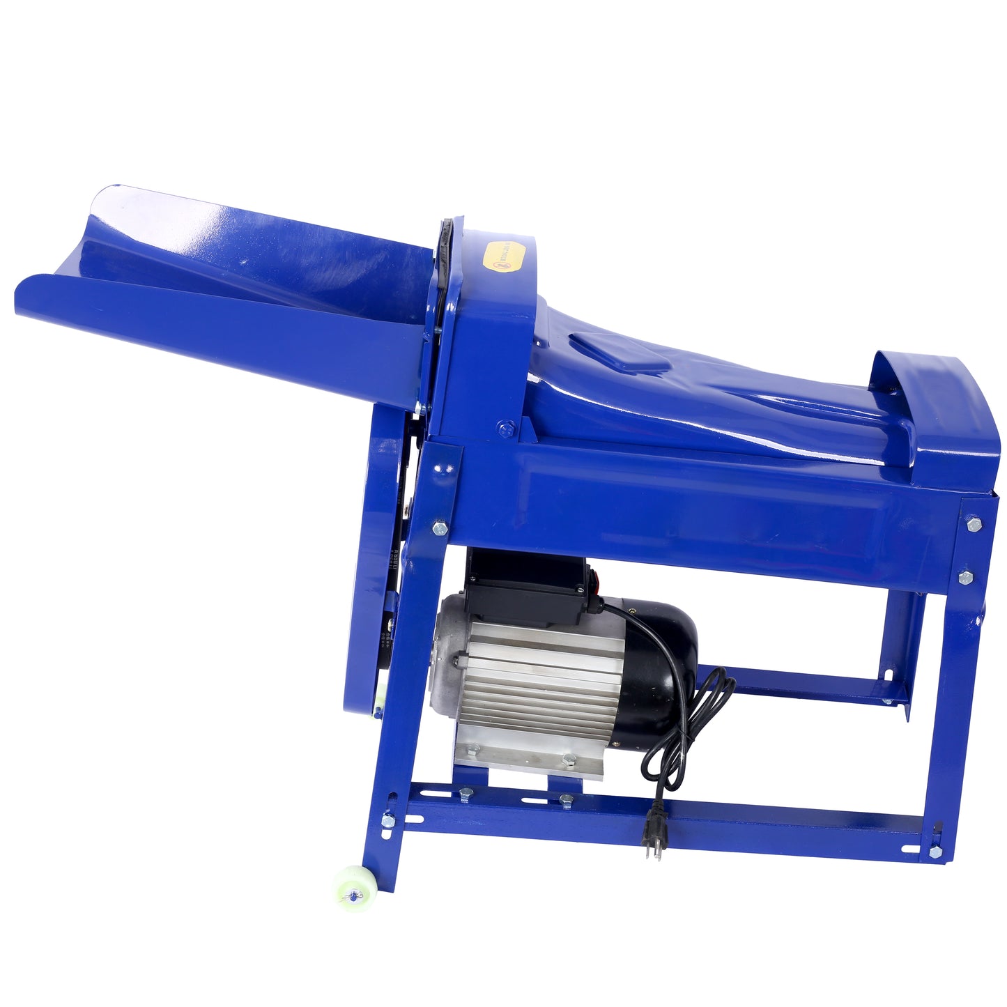 Blue agricultural thresher machine with electric motor for grain processing