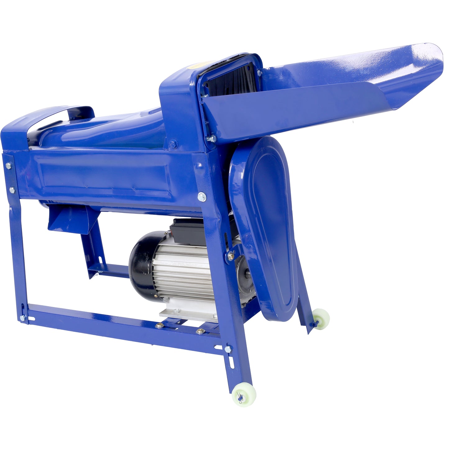 Bright blue electric corn sheller with metal motor housing and wheels for farm use