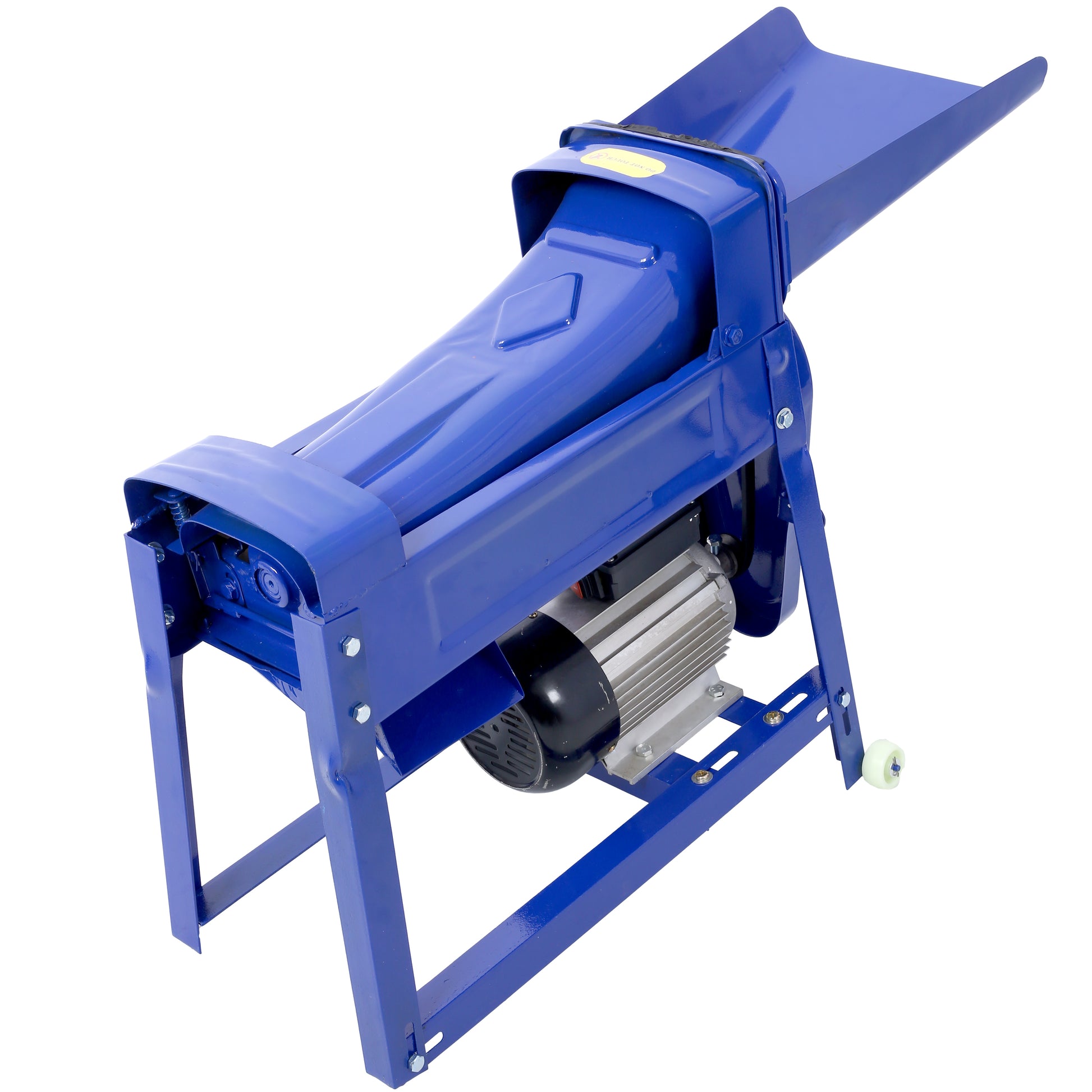 Blue electric chipper shredder with metal motor housing