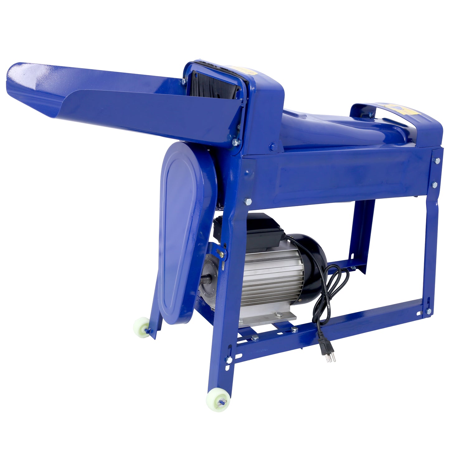 Blue electric thresher machine with motor and feed chute for farm use
