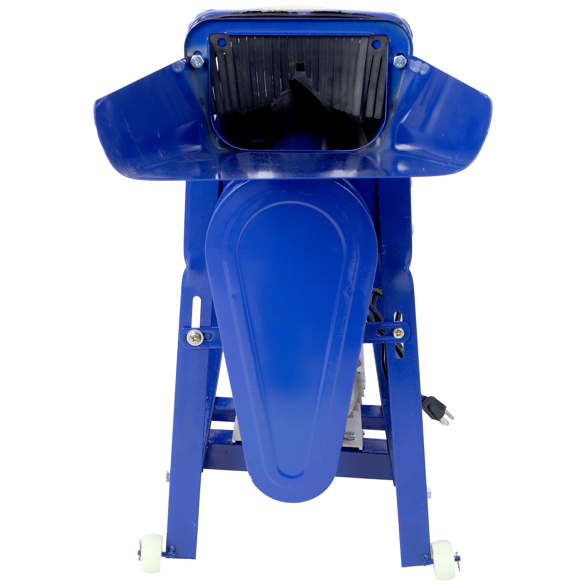 Blue electric grain grinder with feed chute and safety guard