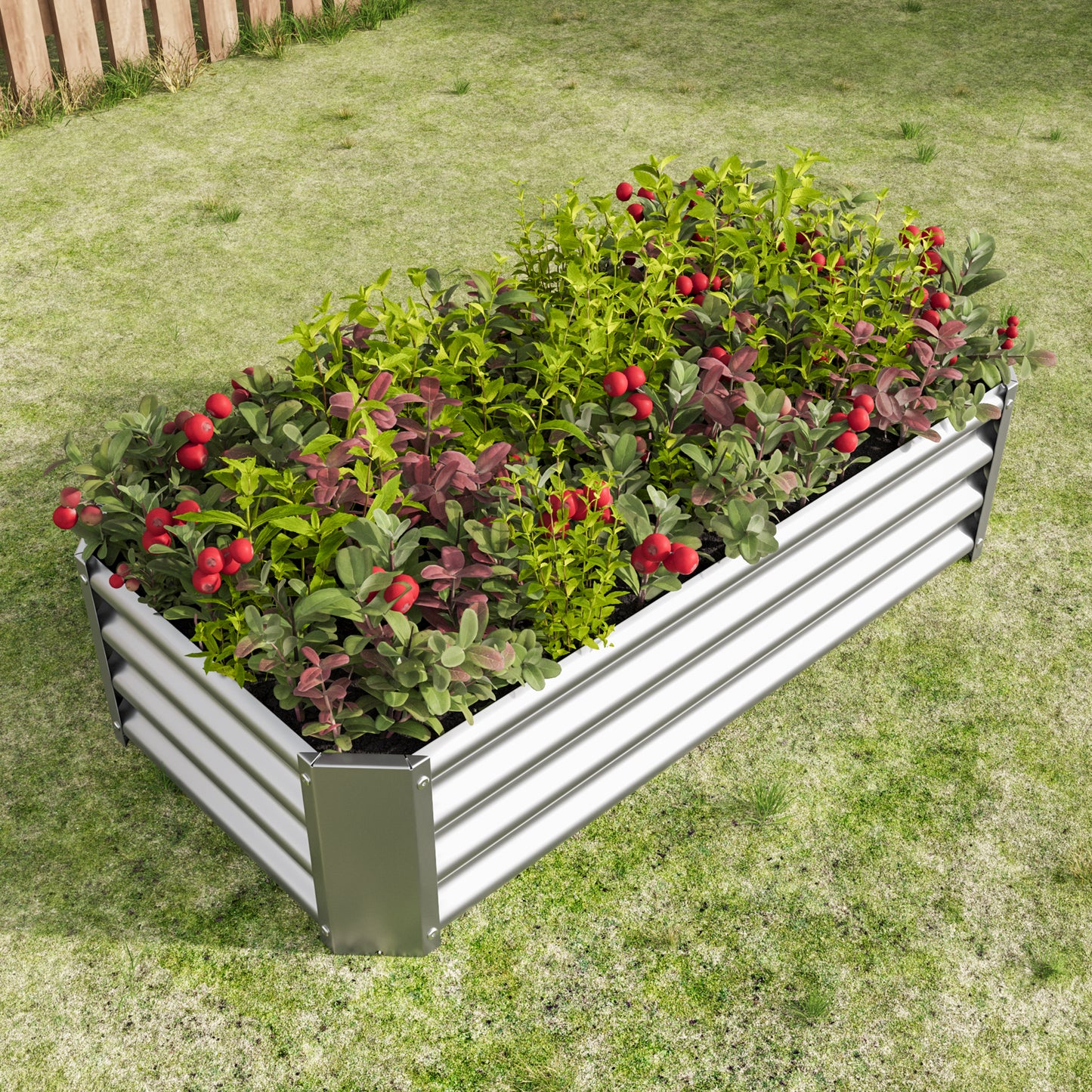 Corrugated metal raised garden bed with lush green plants and red berries