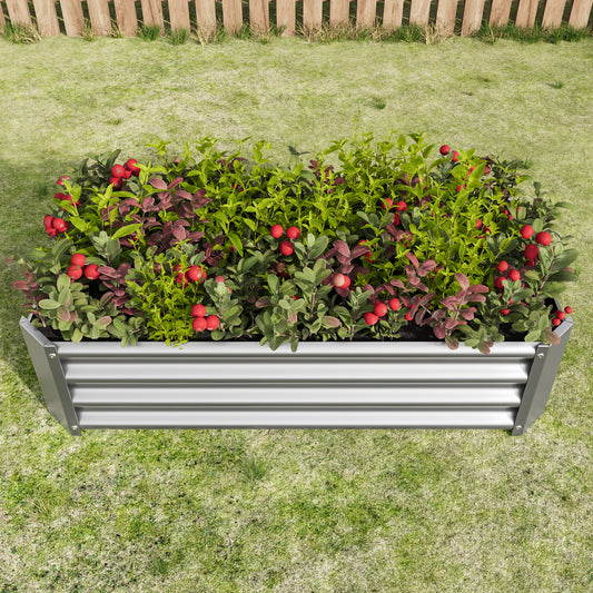 Silver corrugated metal raised garden bed with lush green plants and red berries