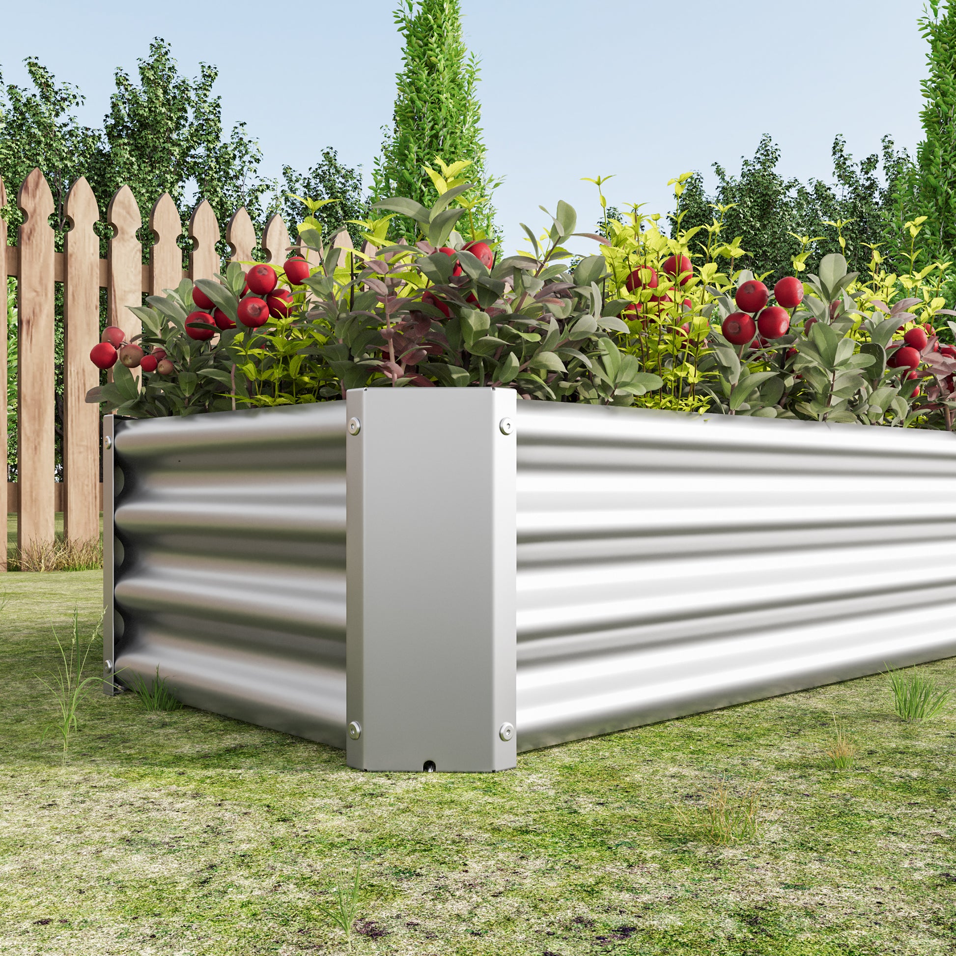 Galvanized steel raised garden bed with corrugated sides and corner posts