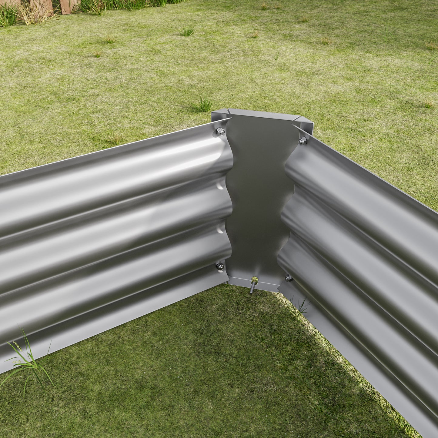 Corrugated metal raised garden bed corner with silver finish and visible bolts