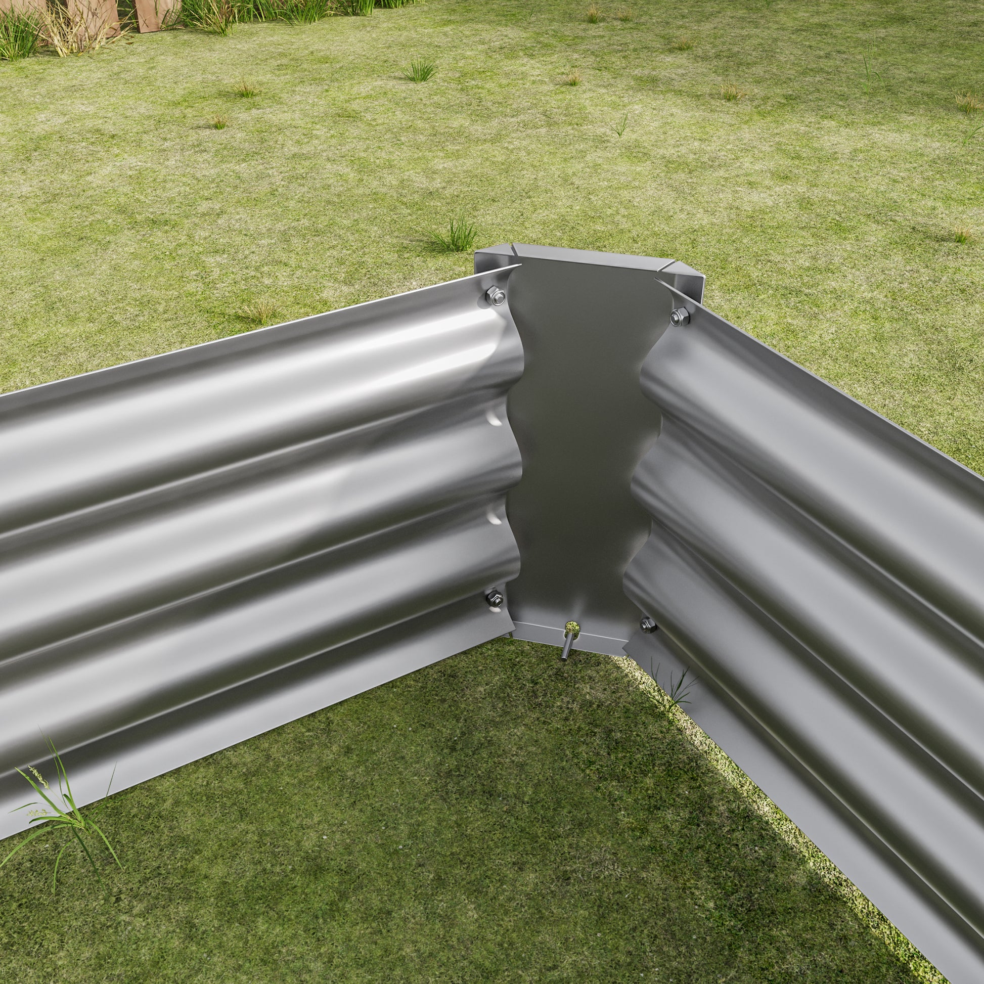 Corrugated metal raised garden bed corner with silver finish and visible bolts