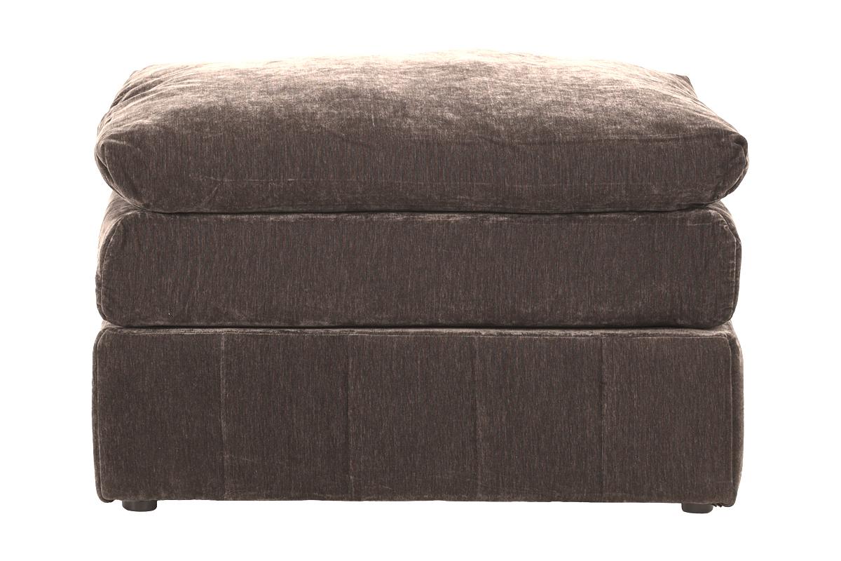 Plush dark brown fabric ottoman with three stacked cushioned levels perfect for living room seating