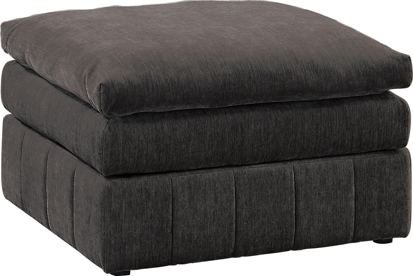 Plush charcoal gray upholstered ottoman with deep button tufting on the base