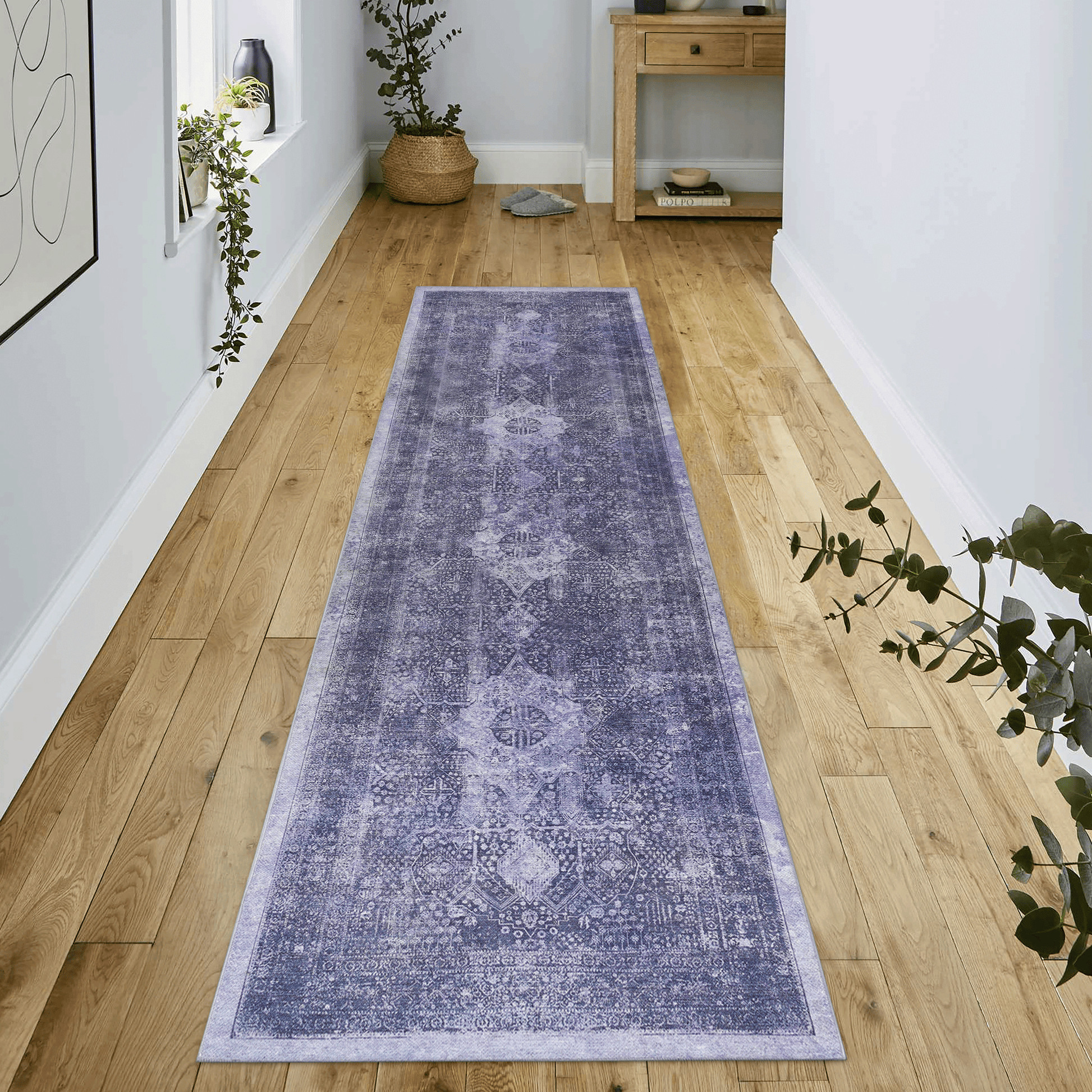 Distressed Persian runner rug in deep indigo and lavender with ornate patterns
