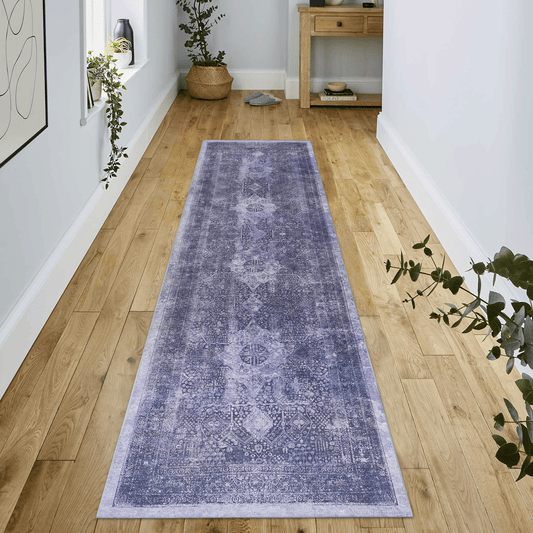 Distressed Persian runner rug in deep indigo and lavender with ornate patterns