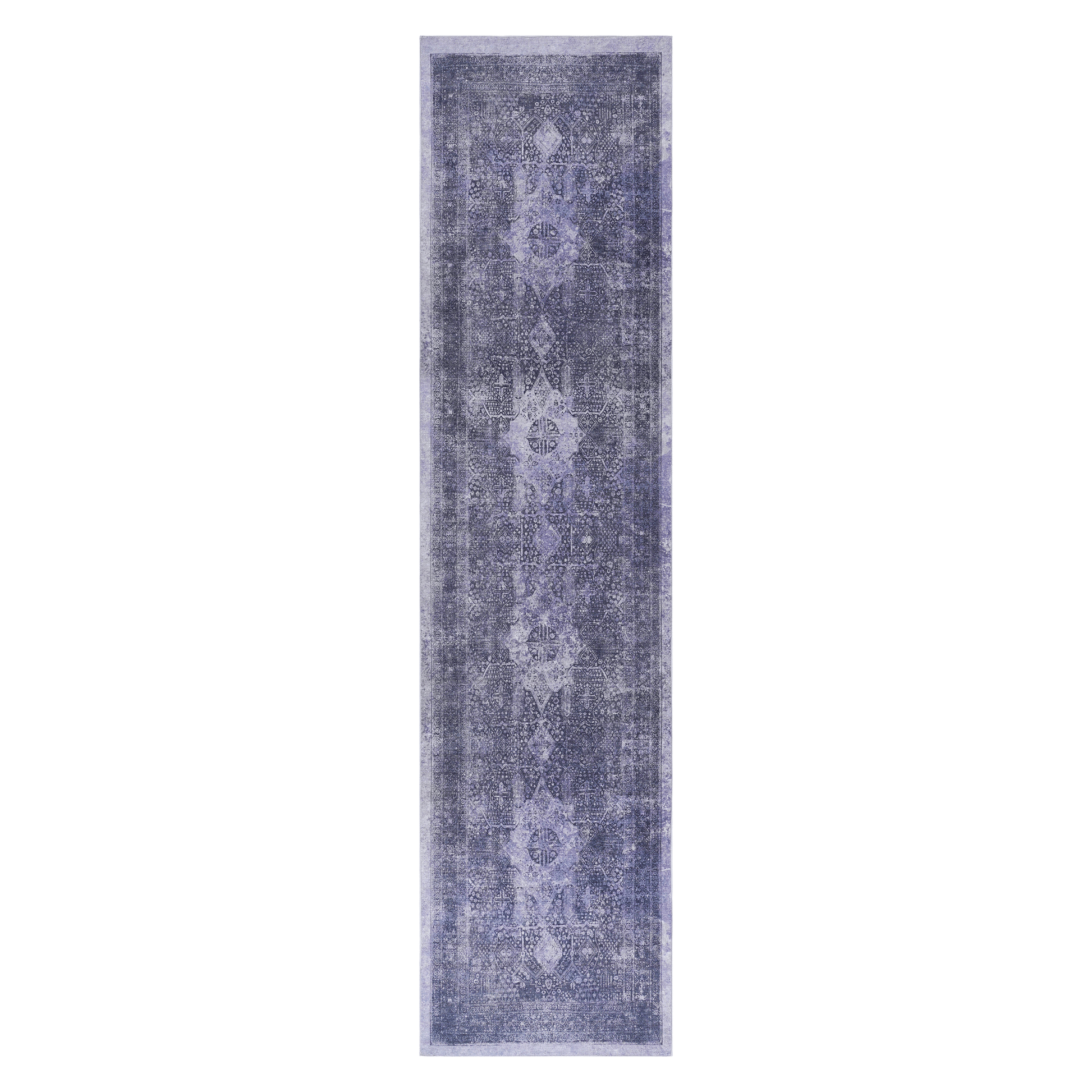 Distressed purple Persian runner rug with intricate traditional motifs and a faded vintage look