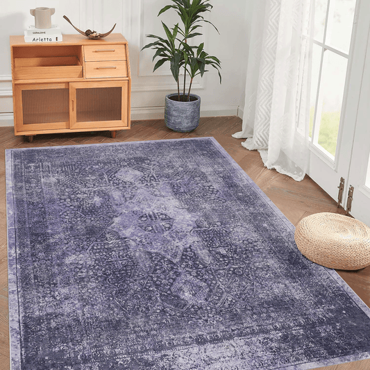 Vintage distressed purple oriental rug with intricate patterns enhancing living room decor