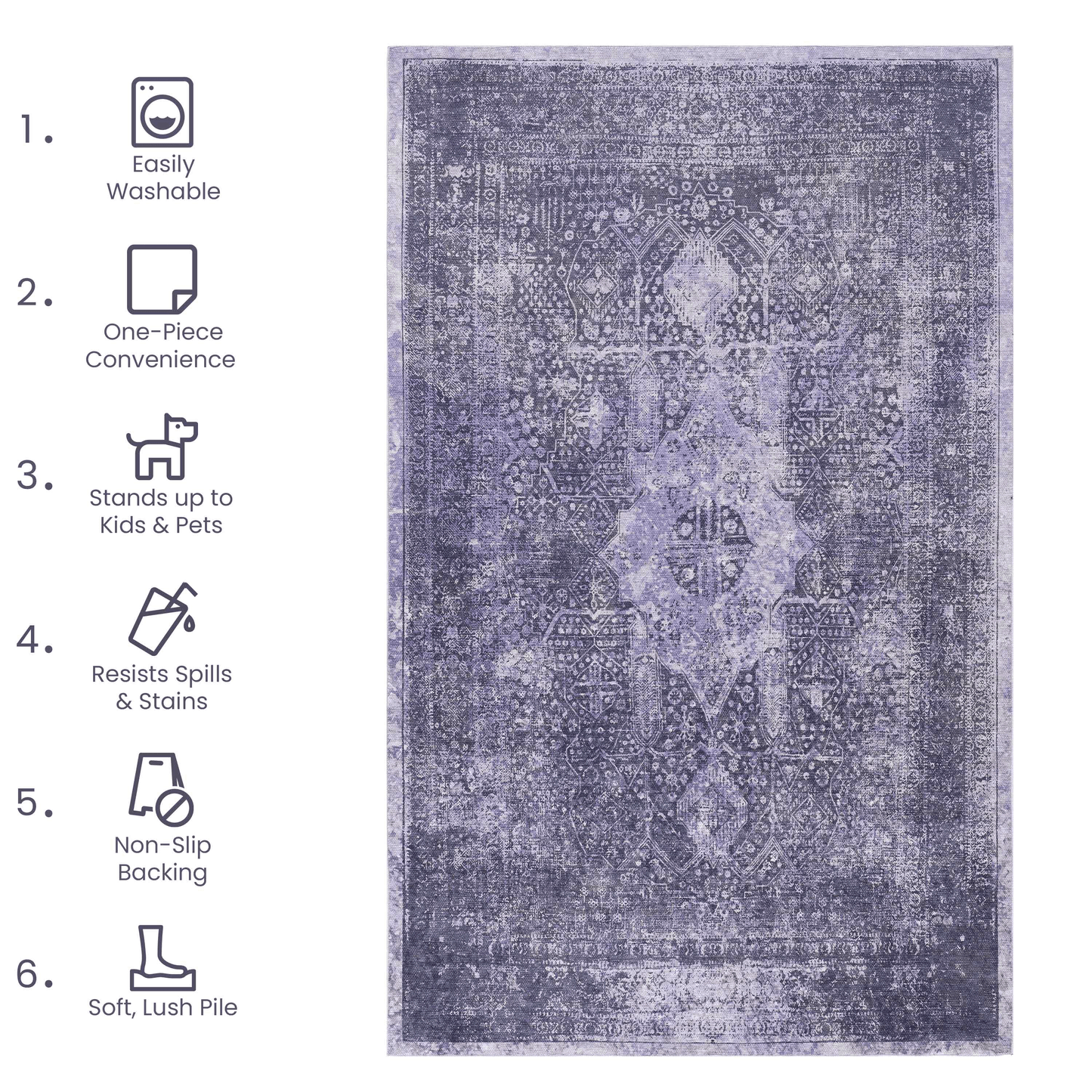 Distressed vintageinspired purple area rug with intricate Persian patterns
