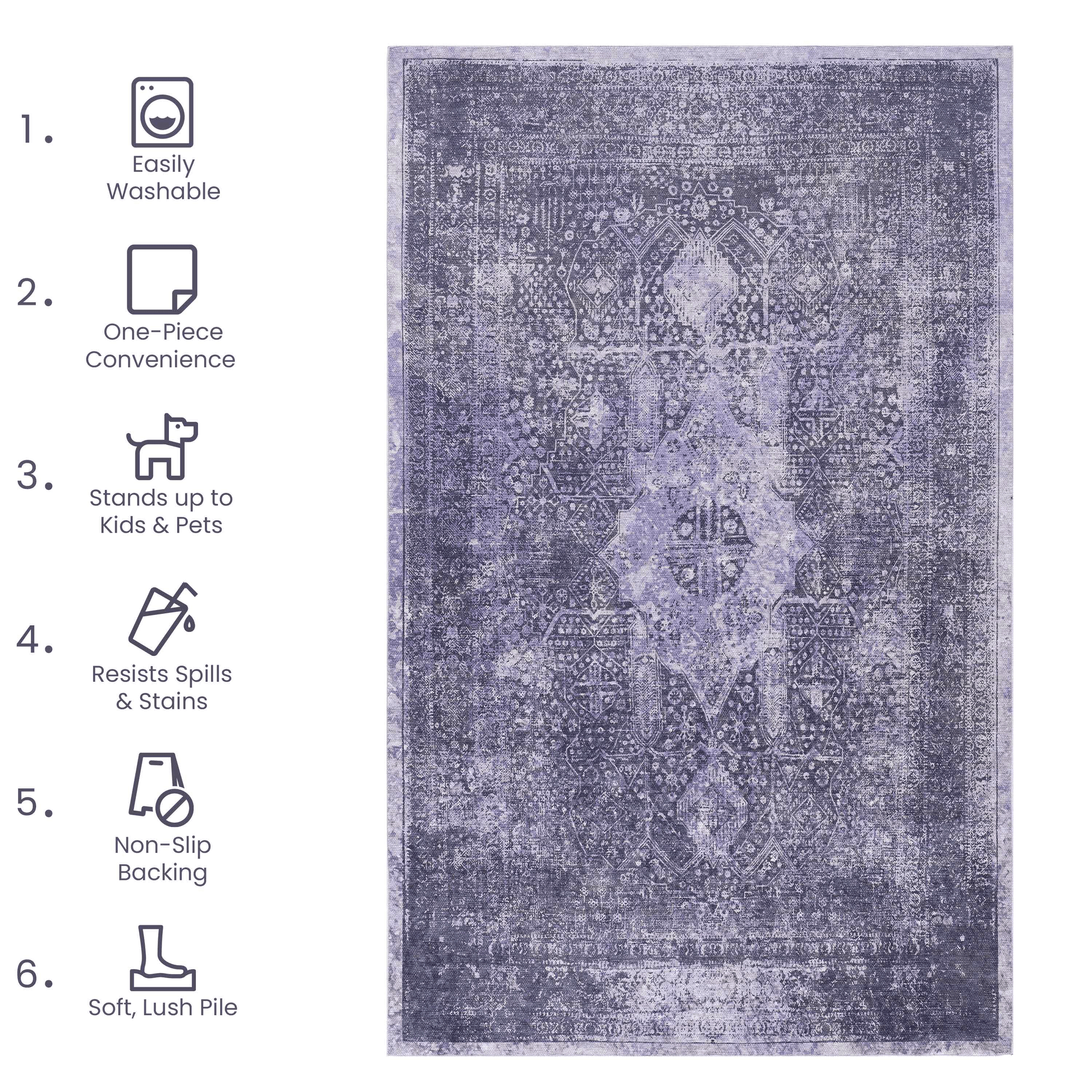 Distressed vintageinspired purple area rug with intricate Persian patterns