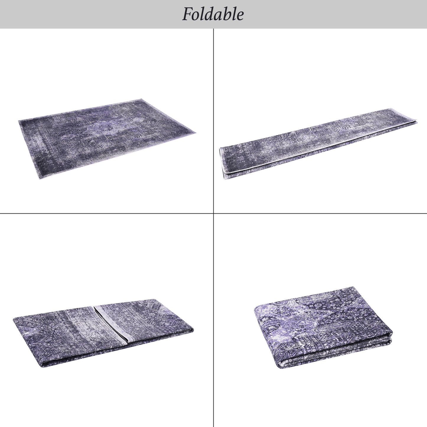 Dark purple distressed Persian rug with intricate pattern displayed flat and folded
