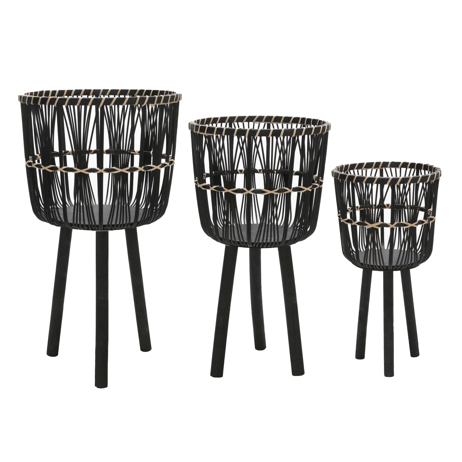Set of  black woven bamboo plant stands with light woven accents