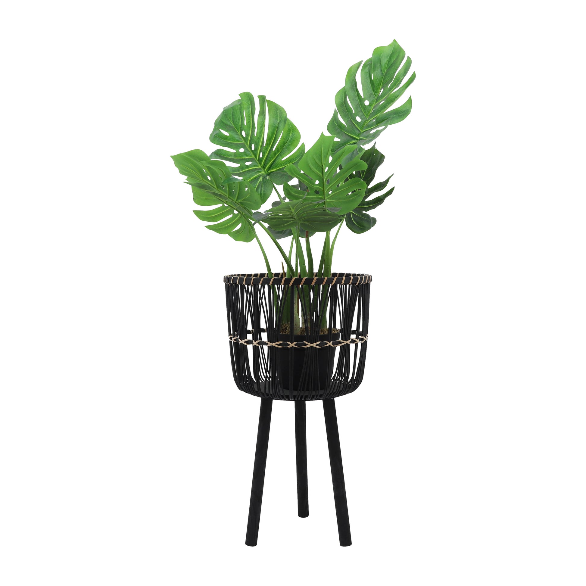 Large artificial Monstera plant in a black rattan planter on a tripod stand ideal for home decor