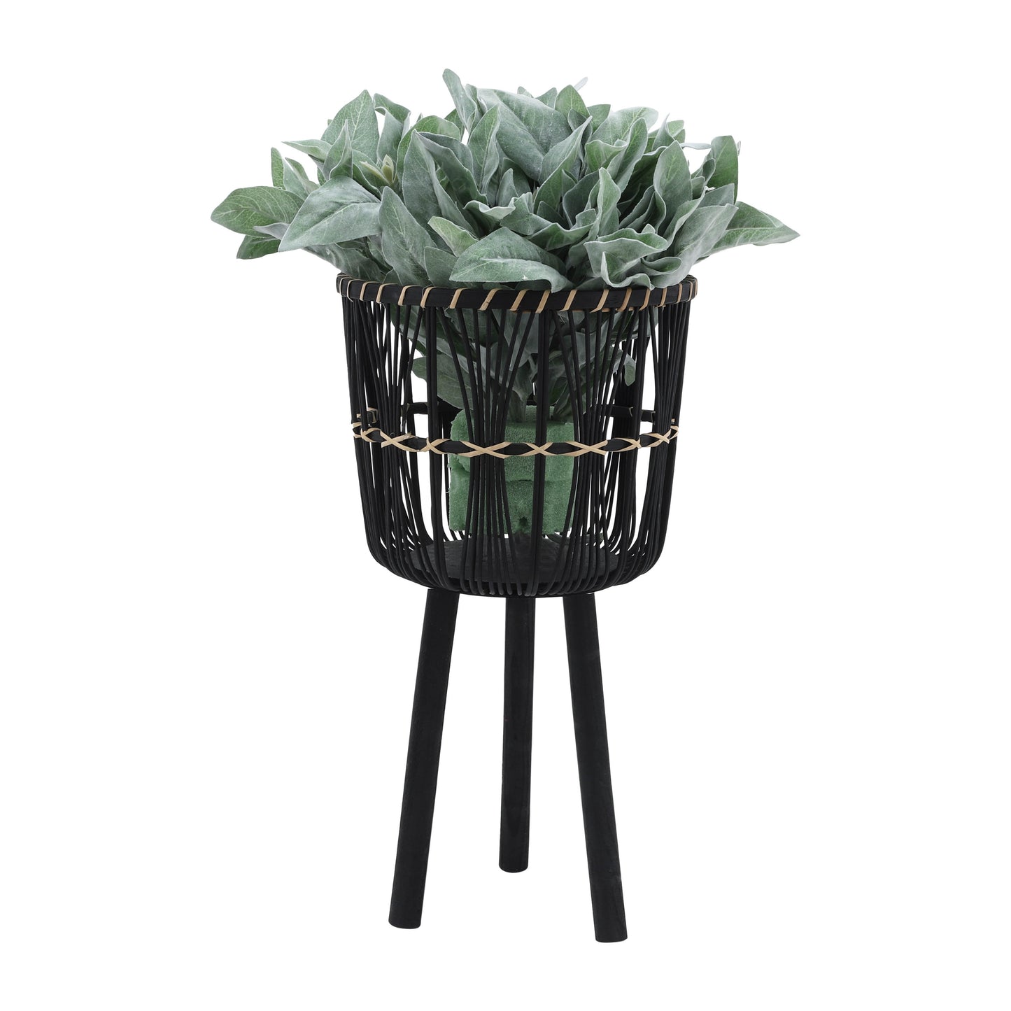 Black woven plant stand with faux lambs ear greenery for modern home decor