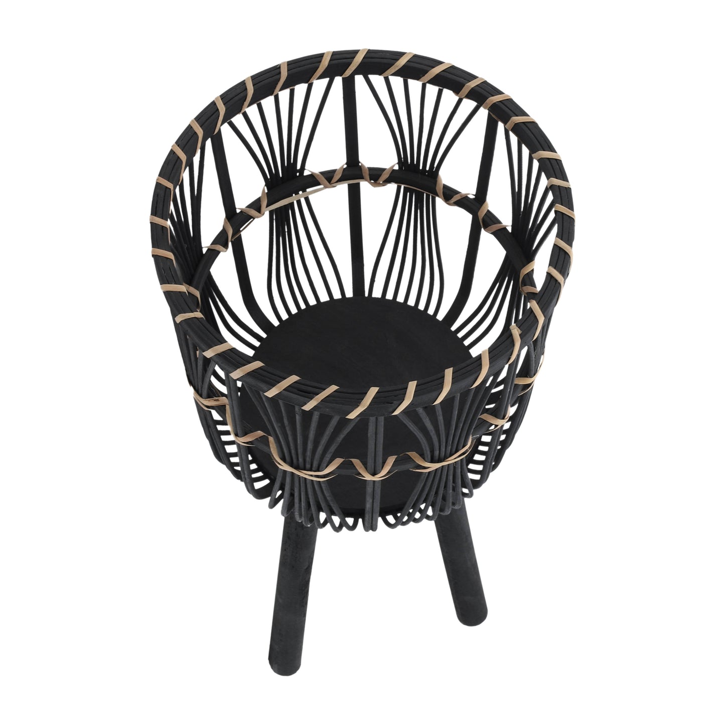 Black rattan plant stand with natural woven accents and wooden legs