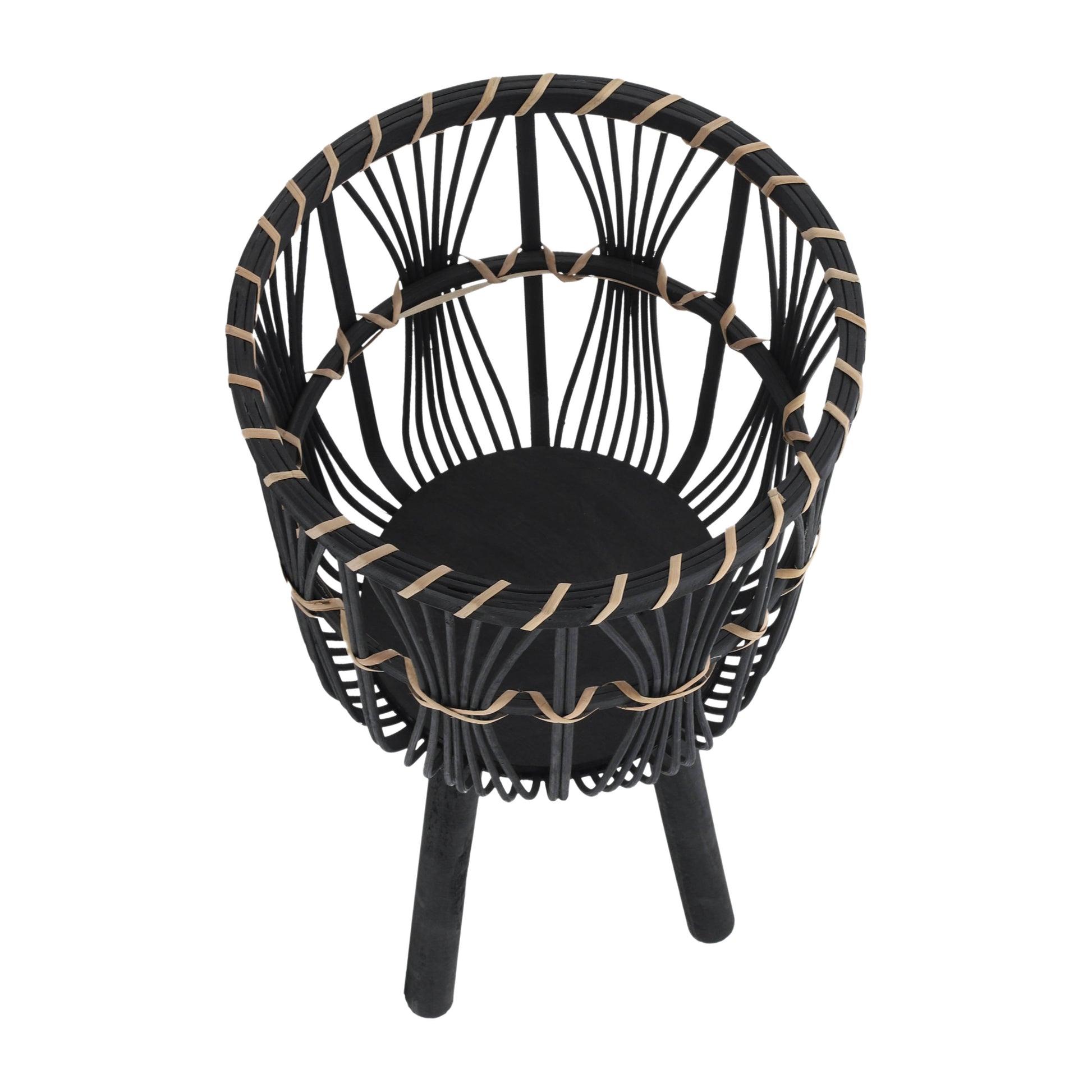 Black rattan plant stand with natural woven accents and wooden legs