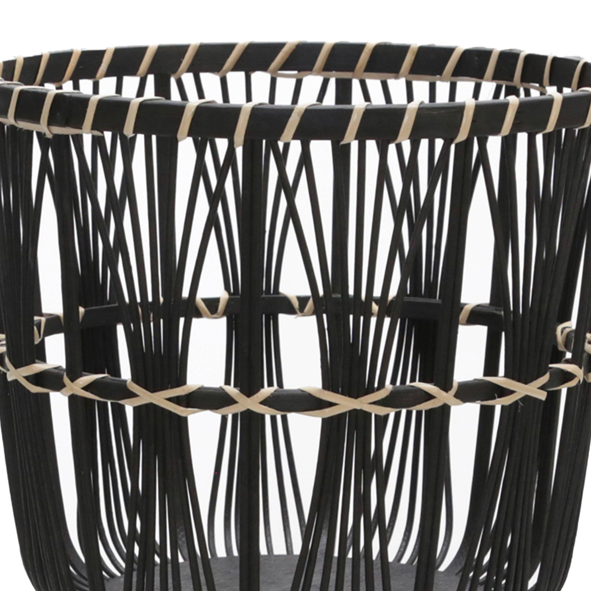 Black woven planter with natural rattan accents ideal for indoor plants