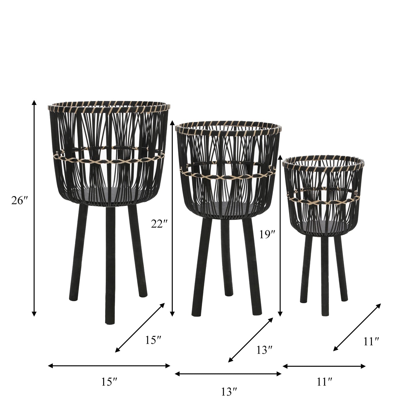 Black woven bamboo planter with  legs set of  sizes    inches tall