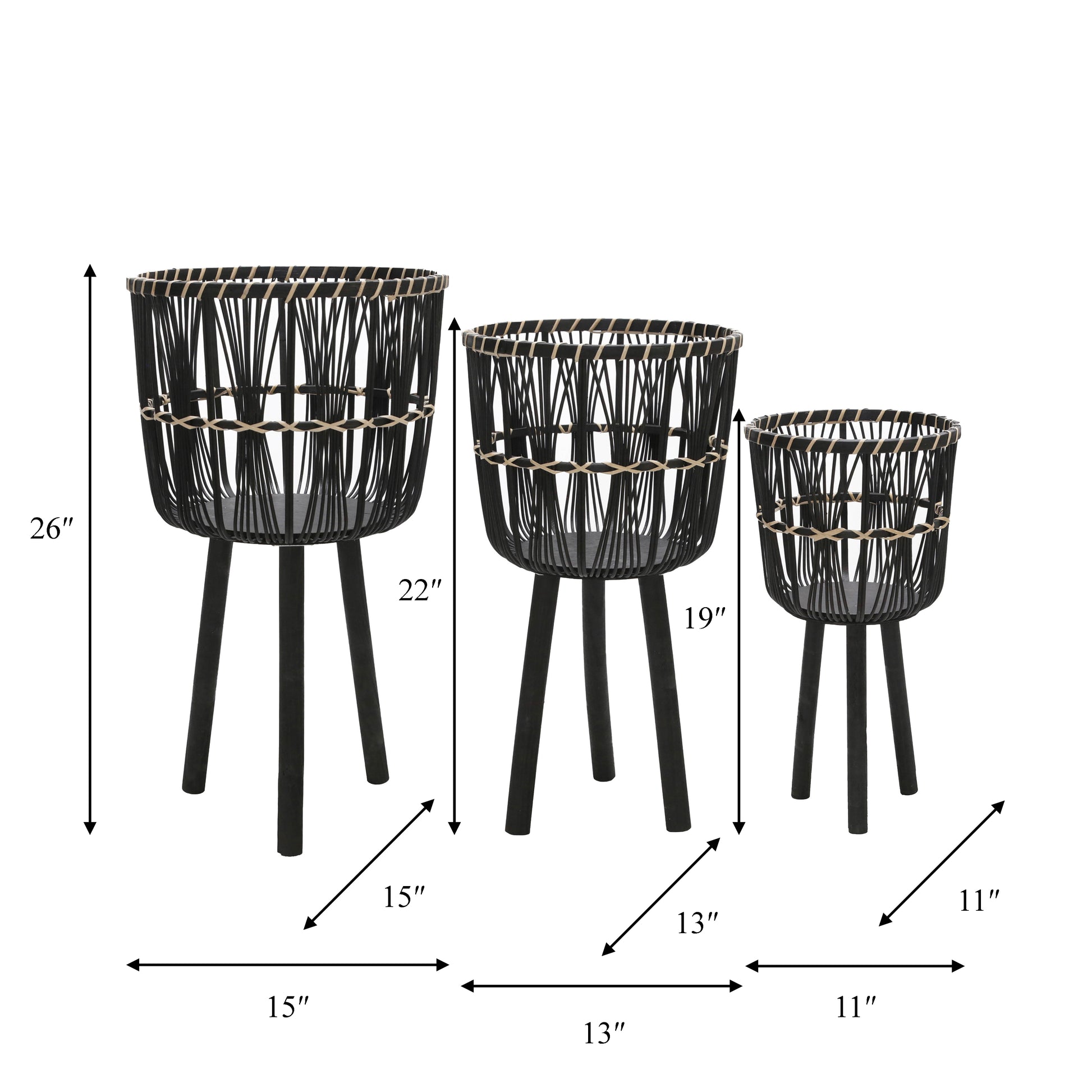 Black woven bamboo planter with  legs set of  sizes    inches tall