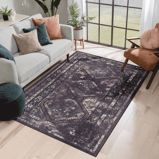 Dark distressed medallion rug with traditional patterns for living room decor