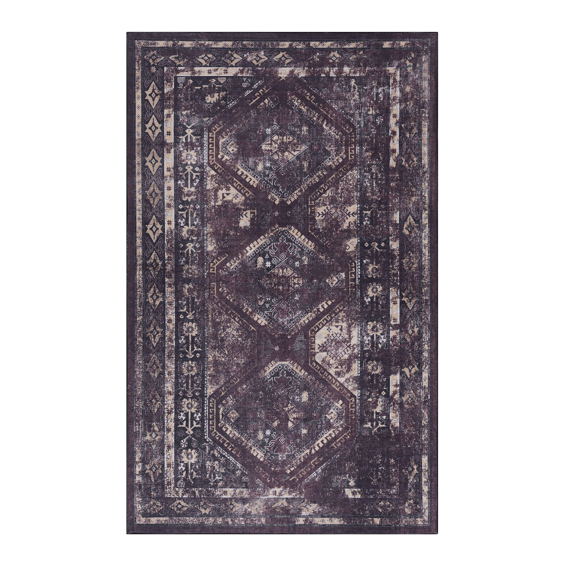 Vintage Persian rug with distressed burgundy and cream geometric pattern