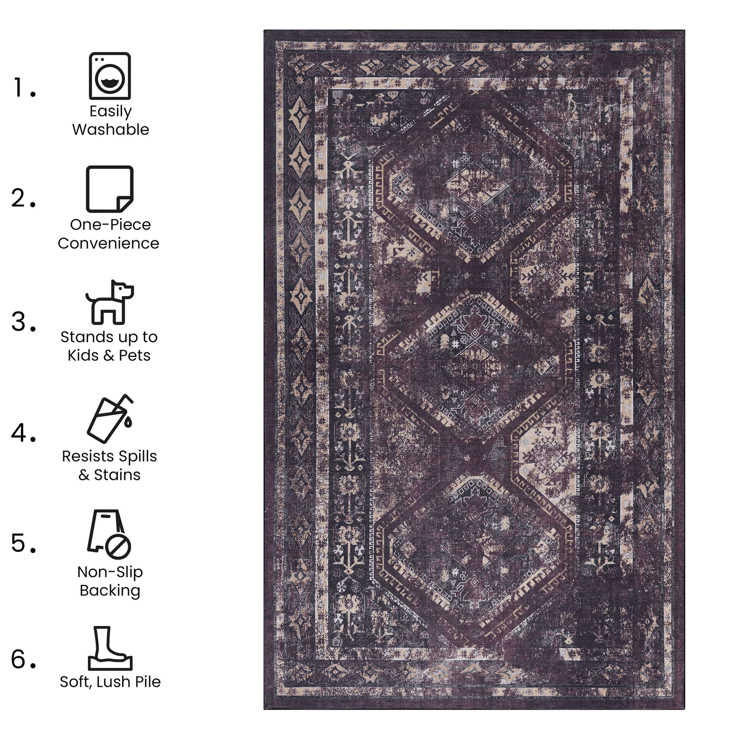 Distressed purple and beige Persian rug with geometric patterns