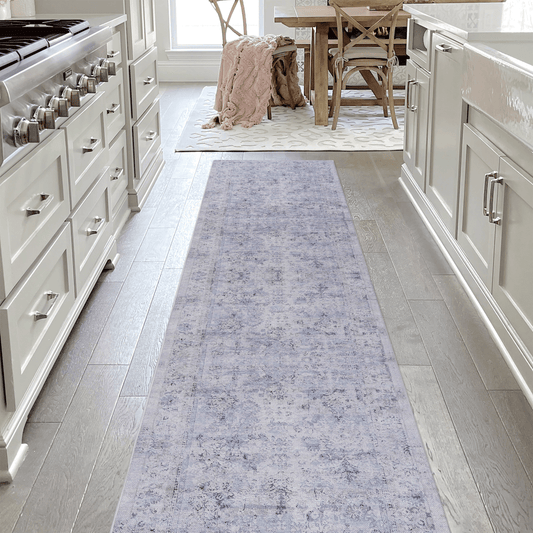 Distressed blue and grey abstract oriental runner rug