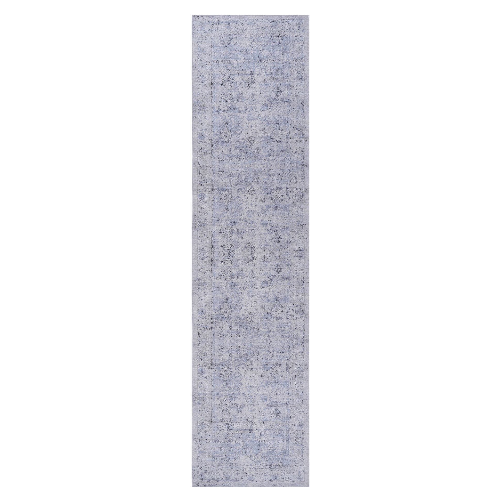 Light blue distressed oriental runner rug with vintage floral pattern x ft