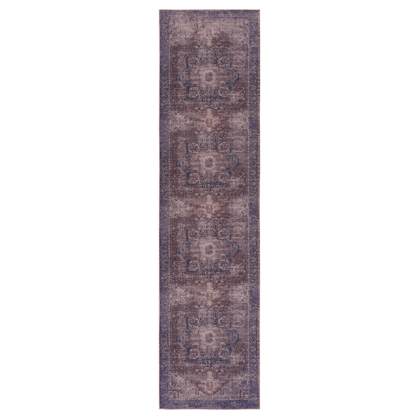 Vintage oriental runner rug with faded blue and burgundy medallions and borders