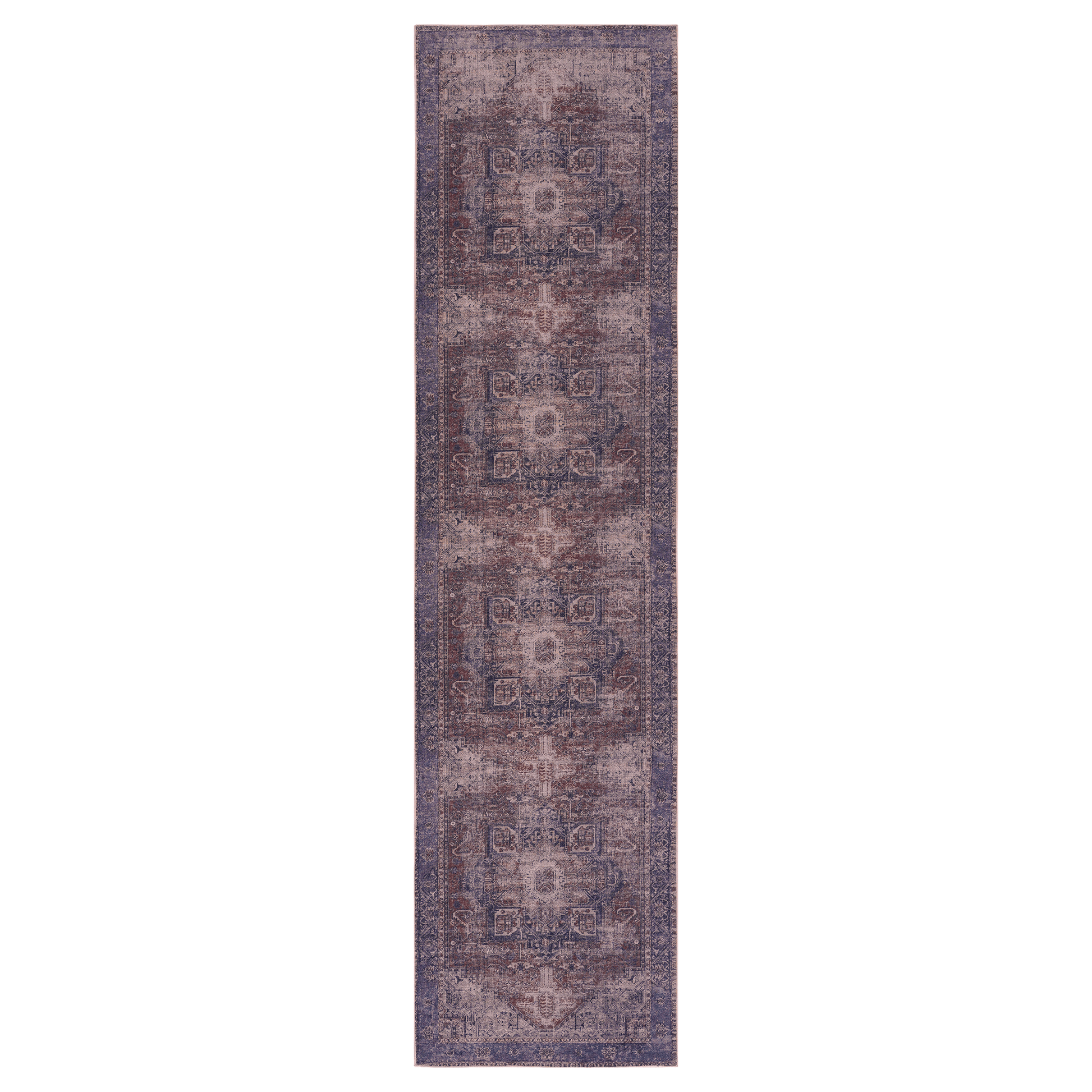 Vintage oriental runner rug with faded blue and burgundy medallions and borders