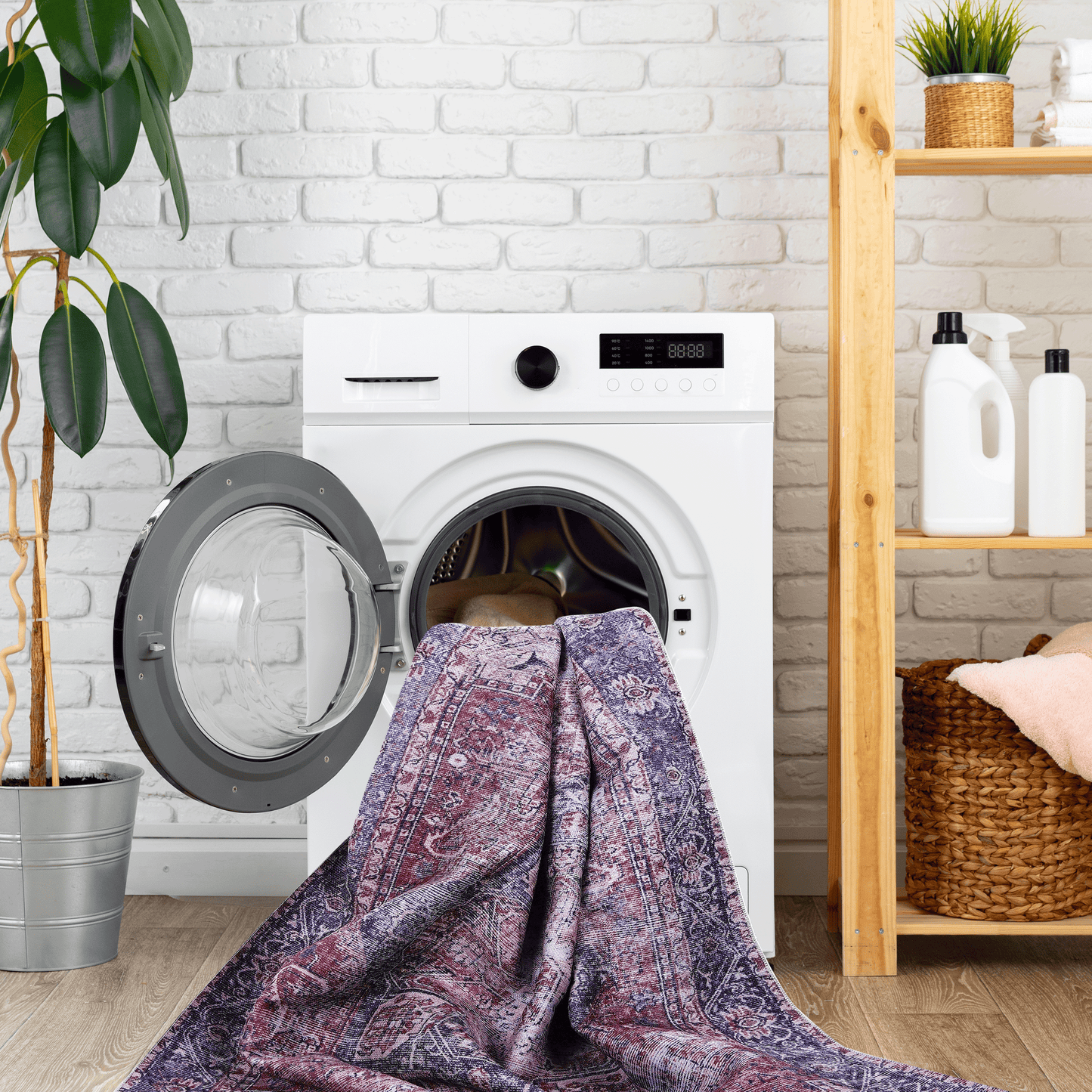 Intricately patterned Persian rug with deep reds and blues being loaded into a washing machine for cleaning