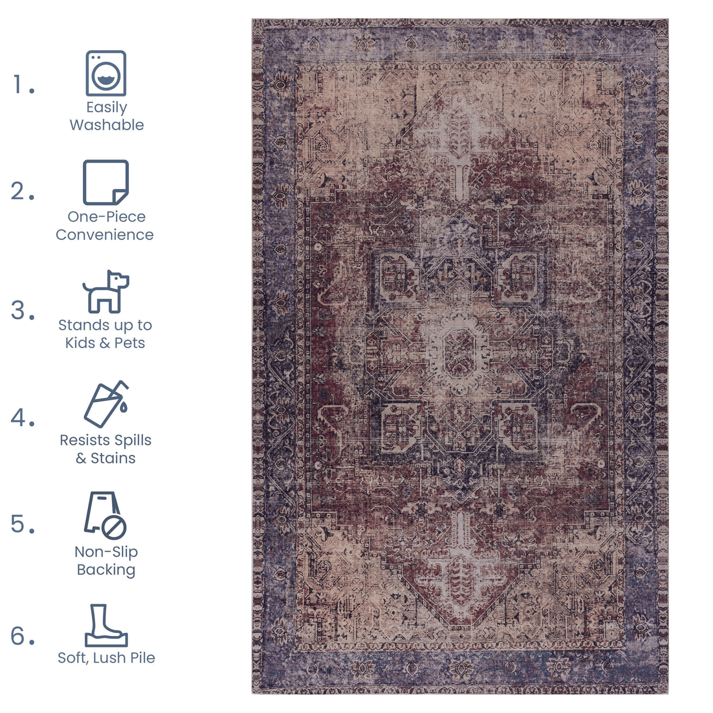 Distressed Persian style rug with deep purple and burgundy hues featuring intricate floral and geometric patterns